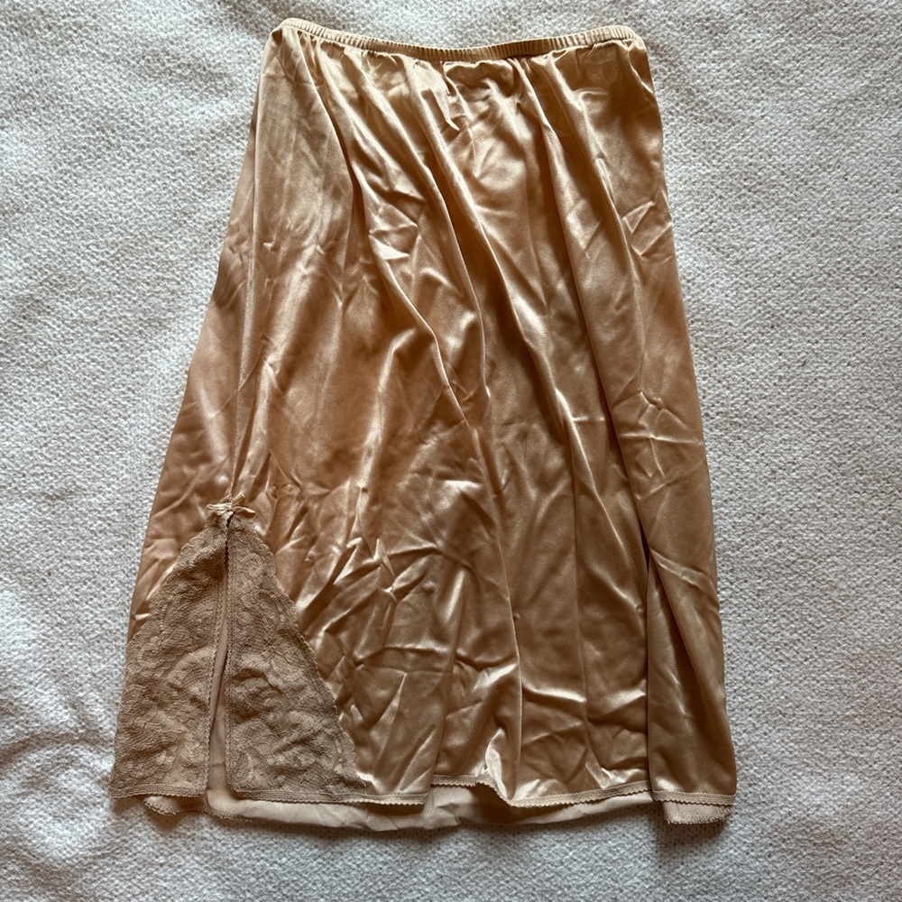 Vintage Champagne Satin Lace Slip Midi Skirt w/ Side Slit